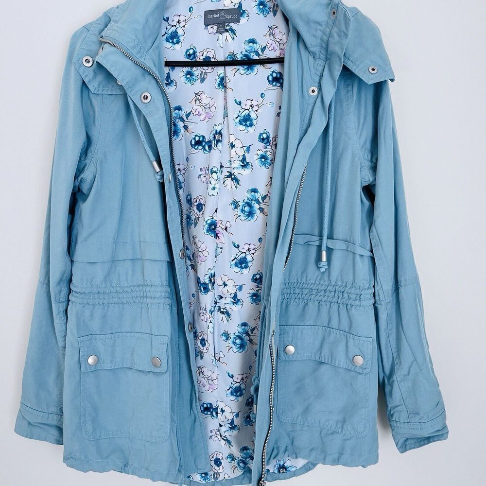 MARKET & SPRUCE Hooded 2 Pocket Cargo Rain Utility Jacket Zip Snap Women Small - Picture 5 of 14